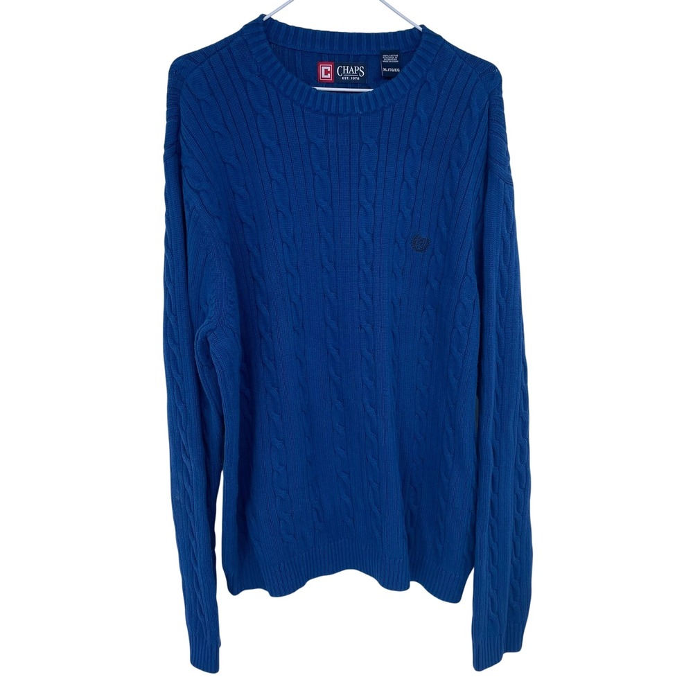 Chaps Mens‎ Royal Blue Cable Knit Sweater XL Classic Cotton Crew Neck Pullover